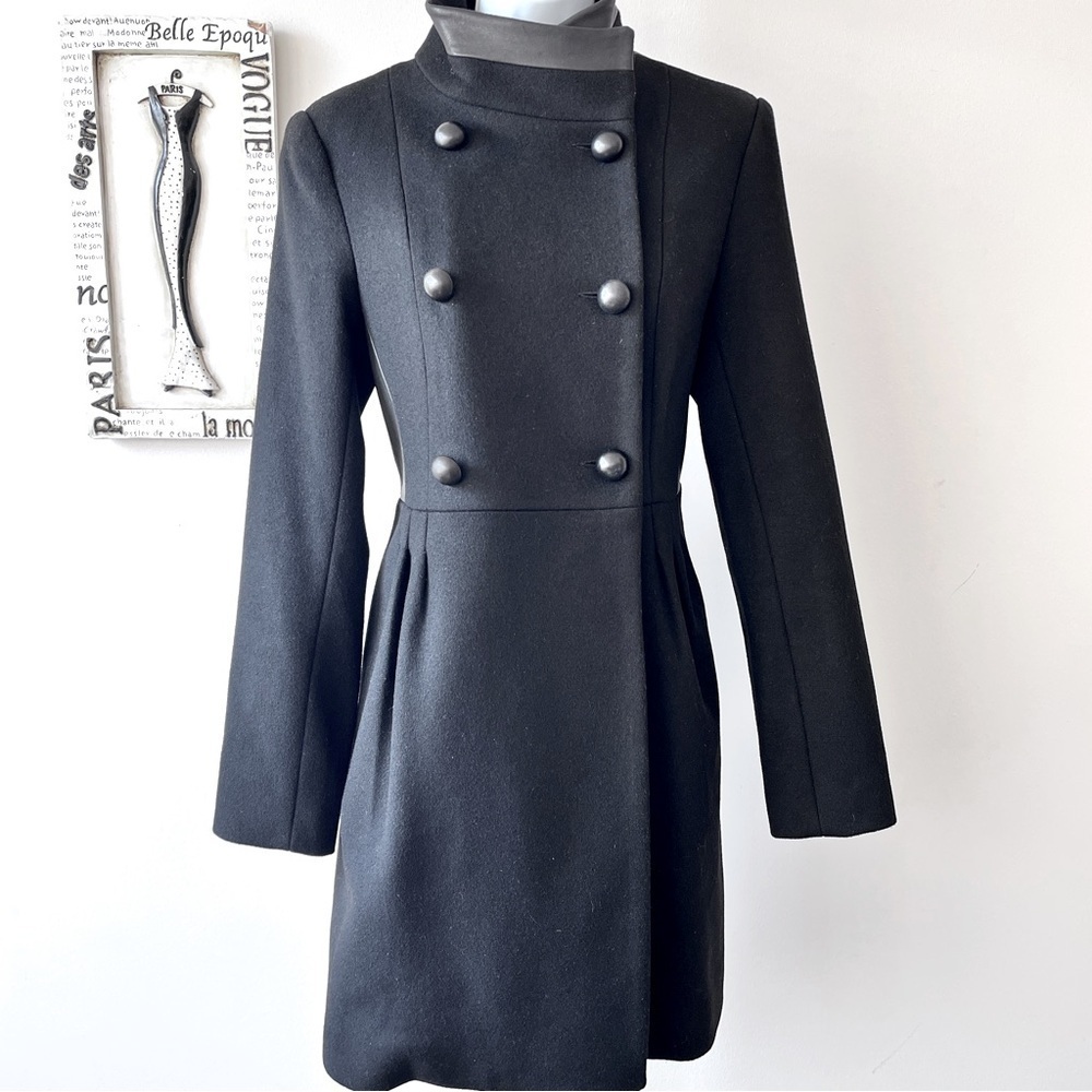 Badgley Mischka Scandi Girl Black Wool And Leather Women’s Fall Winter Coat 6